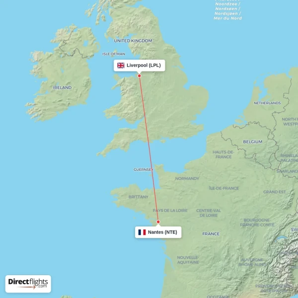 Nantes - Liverpool direct flight map
