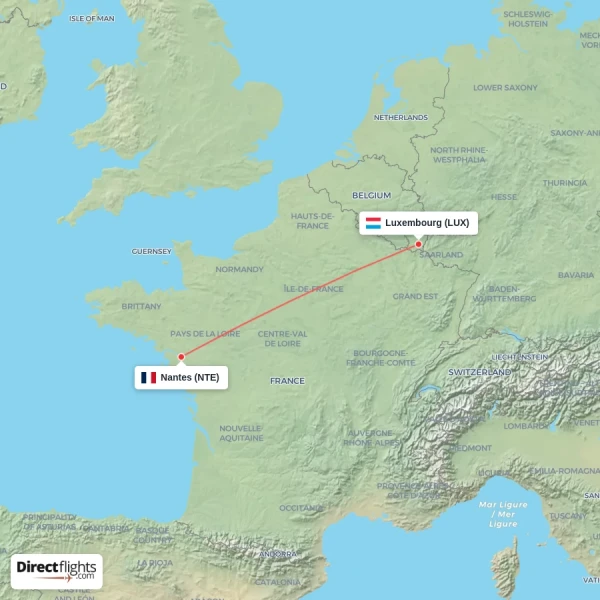 Nantes - Luxembourg direct flight map
