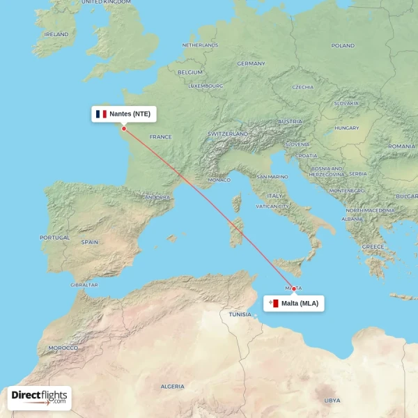 Nantes - Malta direct flight map
