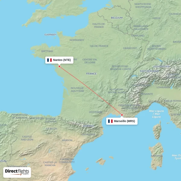 Nantes - Marseille direct flight map