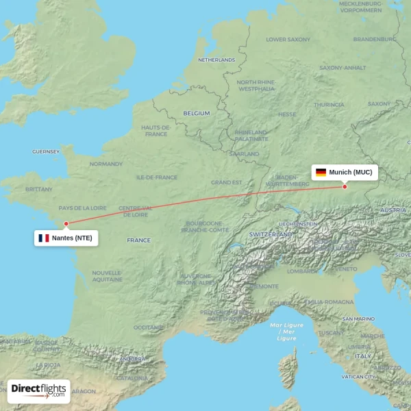 Nantes - Munich direct flight map