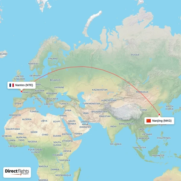 Nantes - Nanjing direct flight map