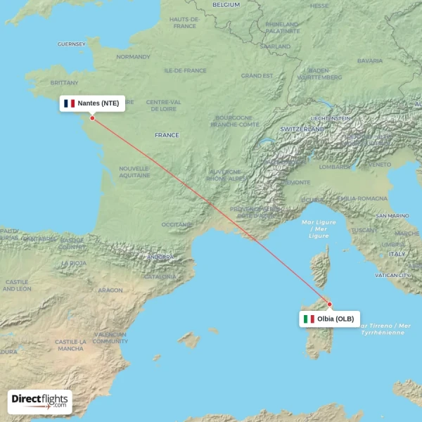 Nantes - Olbia direct flight map