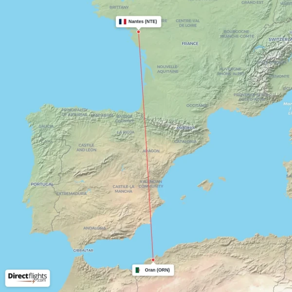 Nantes - Oran direct flight map