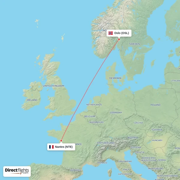 Nantes - Oslo direct flight map