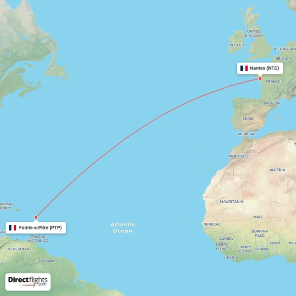 Nantes - Pointe-a-Pitre direct flight map