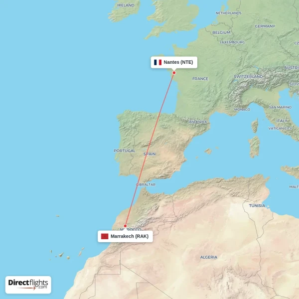 Nantes - Marrakech direct flight map