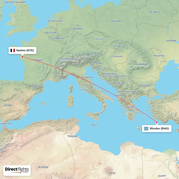 Nantes - Rhodes direct flight map