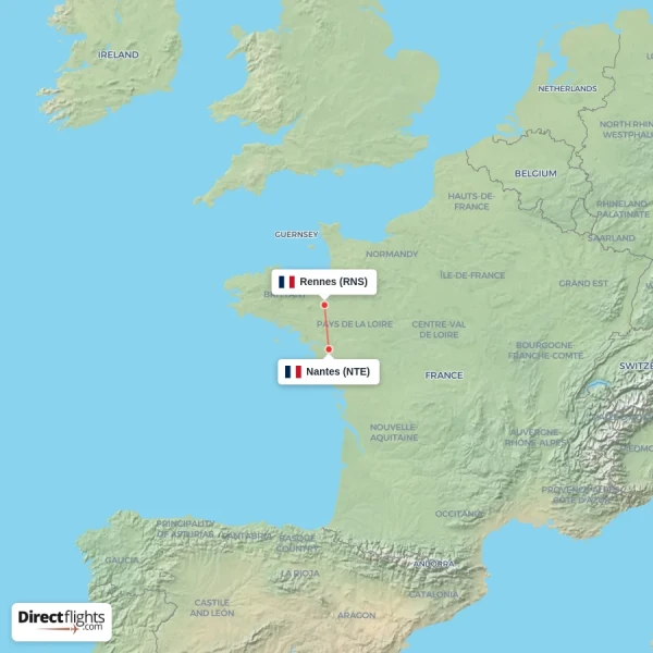 Nantes - Rennes direct flight map
