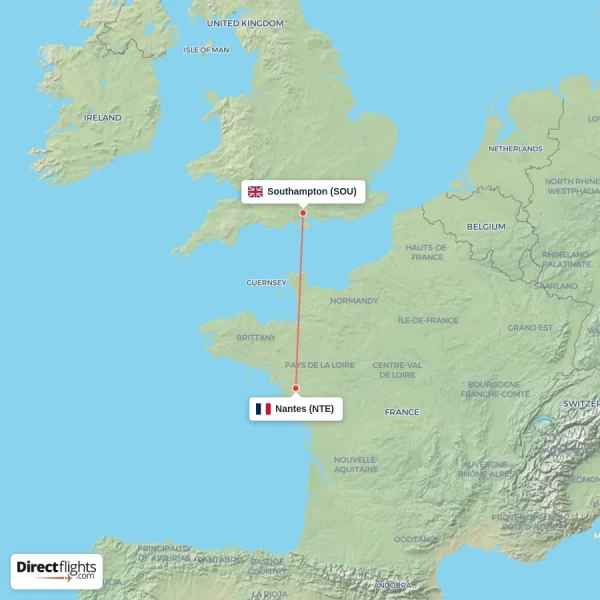 Nantes - Southampton direct flight map