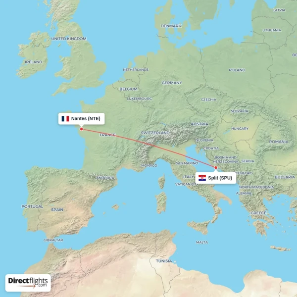Nantes - Split direct flight map