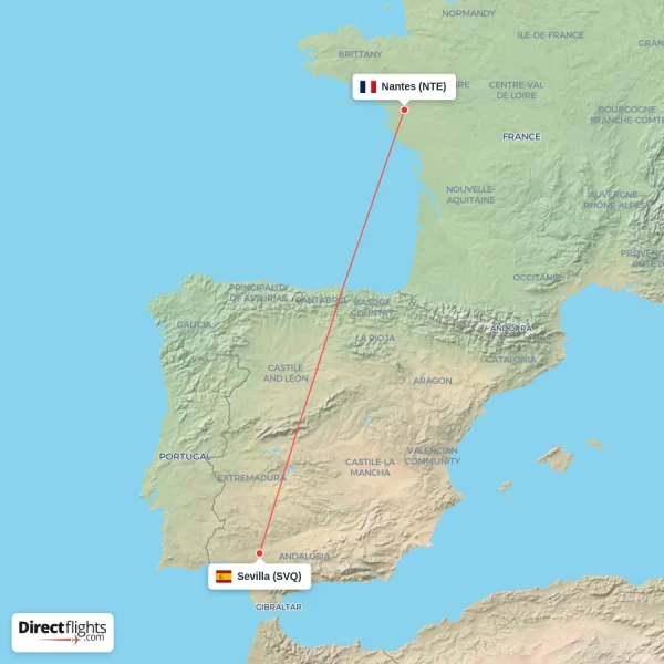Nantes - Sevilla direct flight map