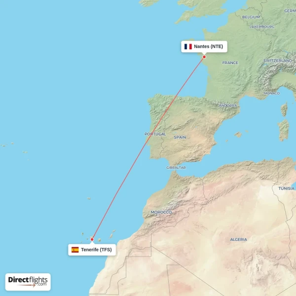 Nantes - Tenerife direct flight map