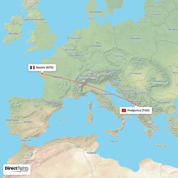 Nantes - Podgorica direct flight map