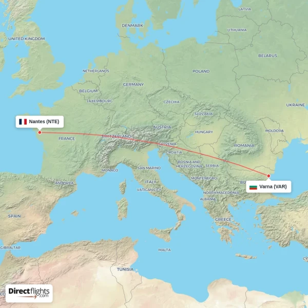 Nantes - Varna direct flight map