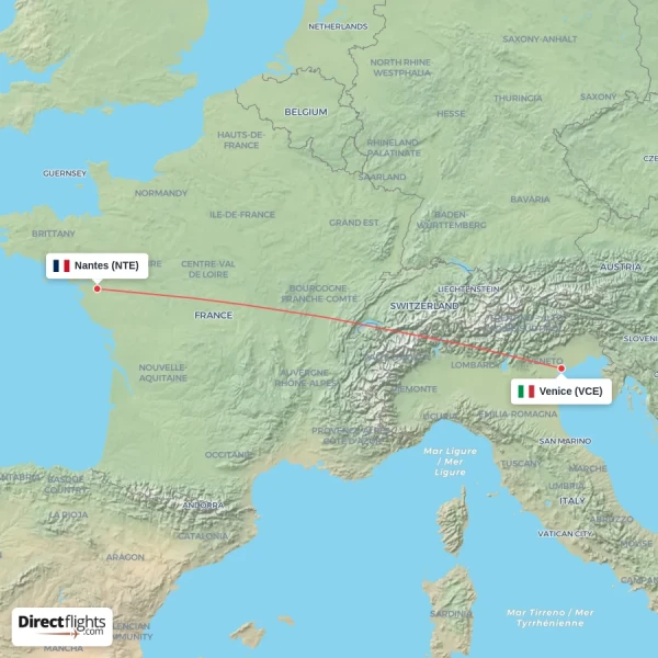 Nantes - Venice direct flight map