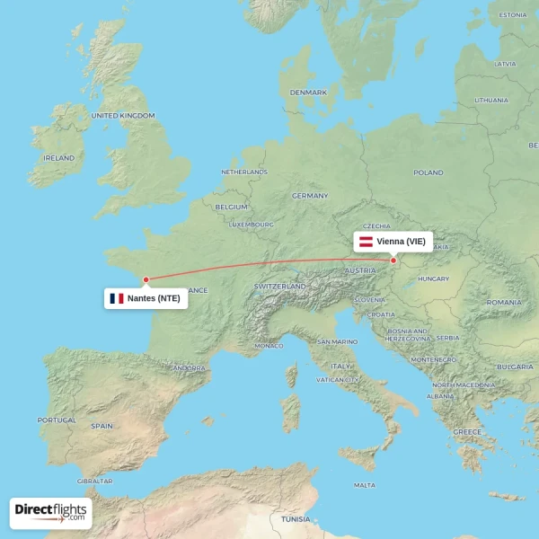 Nantes - Vienna direct flight map