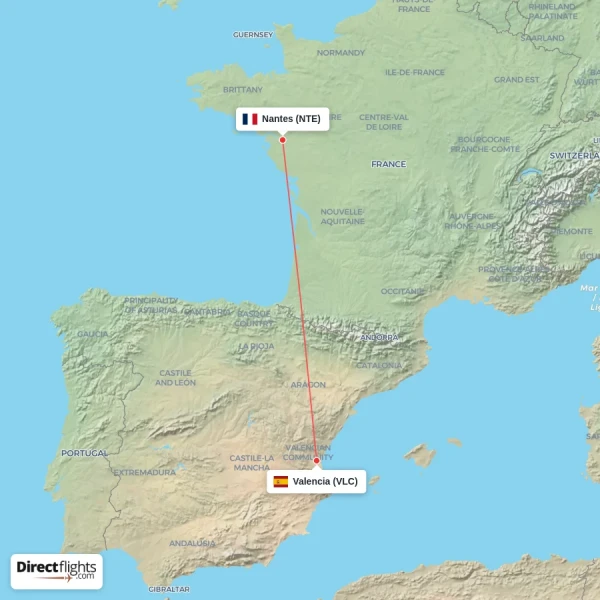 Nantes - Valencia direct flight map