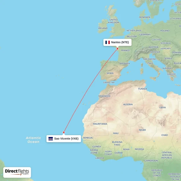 Nantes - Sao Vicente direct flight map