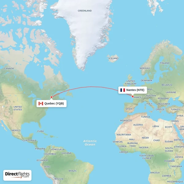 Nantes - Quebec direct flight map