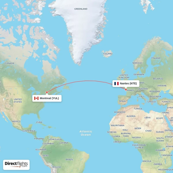 Nantes - Montreal direct flight map