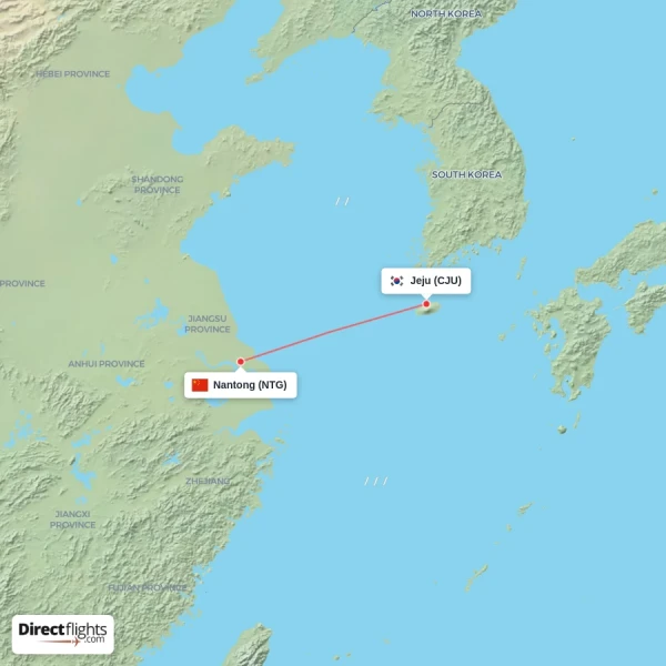 Nantong - Jeju direct flight map