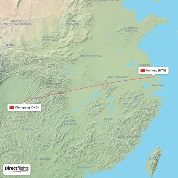 Nantong - Chongqing direct flight map