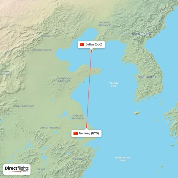 Nantong - Dalian direct flight map