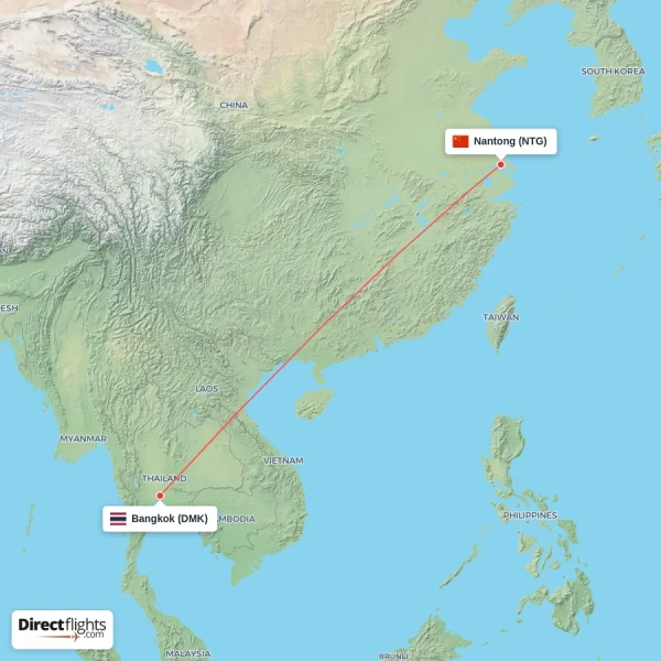 Nantong - Bangkok direct flight map
