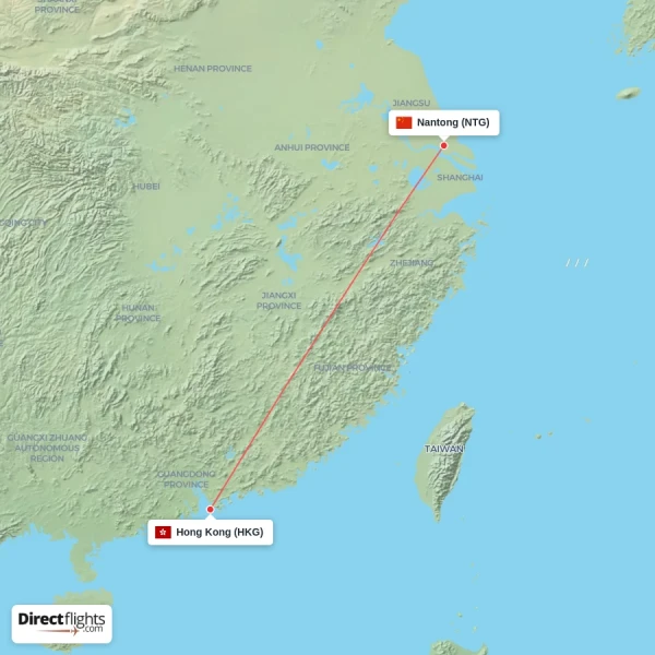 Nantong - Hong Kong direct flight map