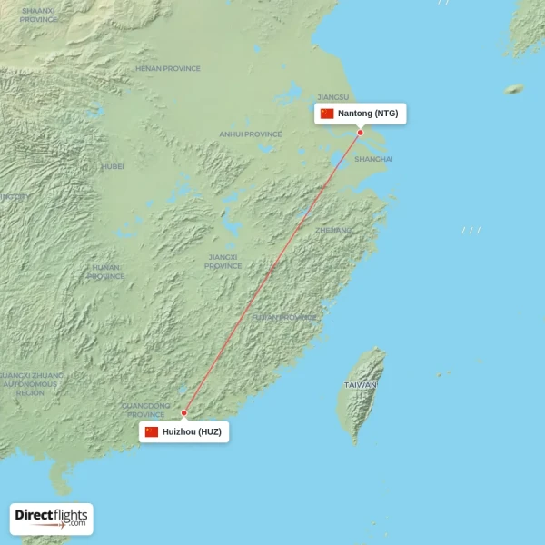Nantong - Huizhou direct flight map