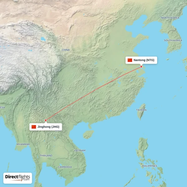 Nantong - Jinghong direct flight map