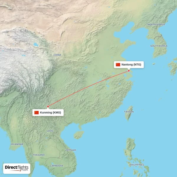 Nantong - Kunming direct flight map