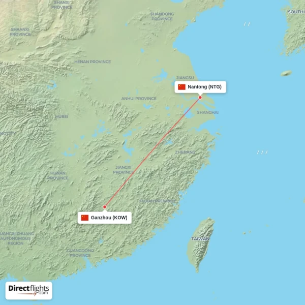 Nantong - Ganzhou direct flight map