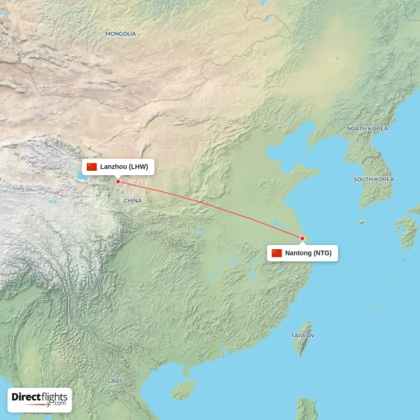 Nantong - Lanzhou direct flight map