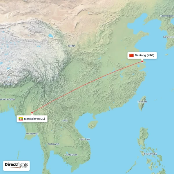 Nantong - Mandalay direct flight map