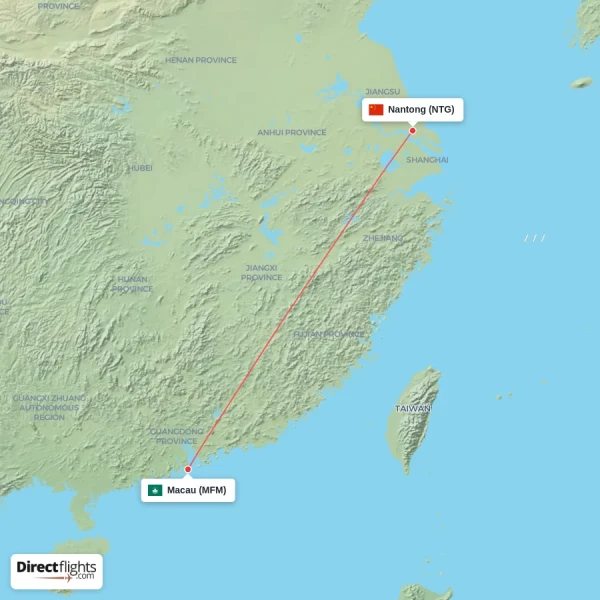 Nantong - Macau direct flight map