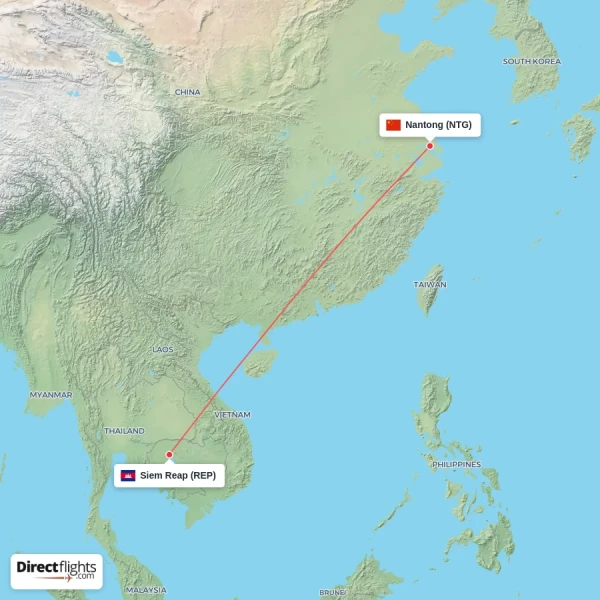 Nantong - Siem Reap direct flight map