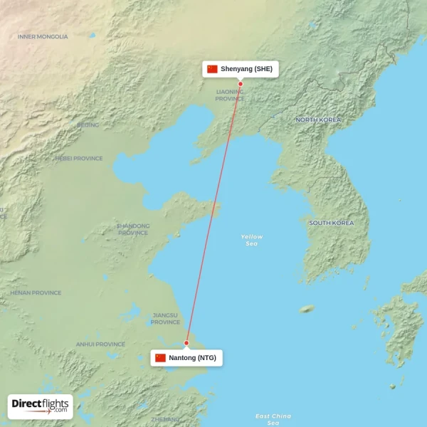 Nantong - Shenyang direct flight map