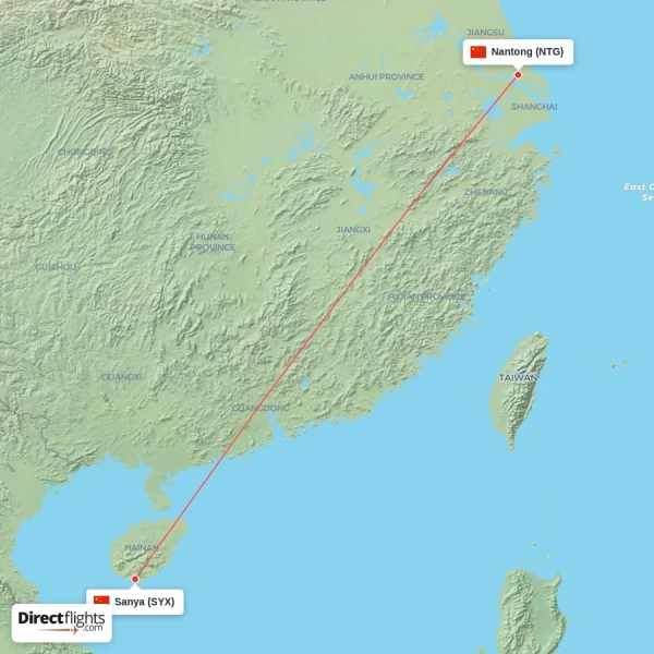 Nantong - Sanya direct flight map