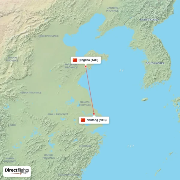 Nantong - Qingdao direct flight map