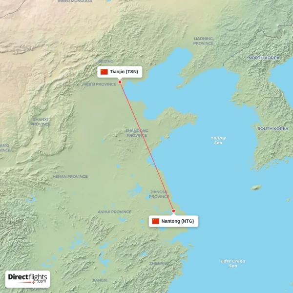Nantong - Tianjin direct flight map