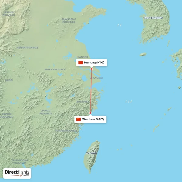 Nantong - Wenzhou direct flight map