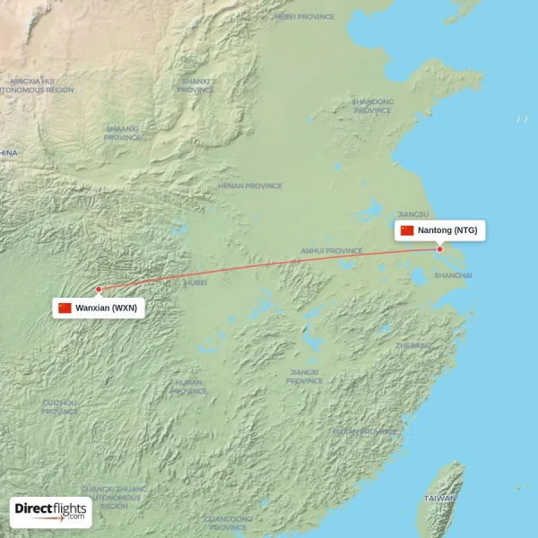 Nantong - Wanxian direct flight map