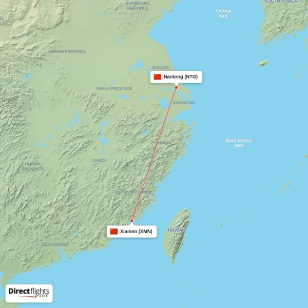 Nantong - Xiamen direct flight map
