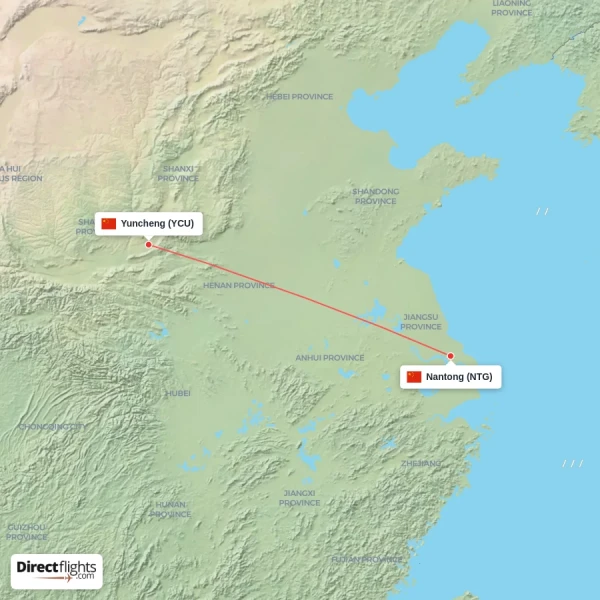 Nantong - Yuncheng direct flight map