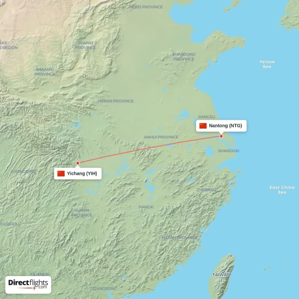Nantong - Yichang direct flight map
