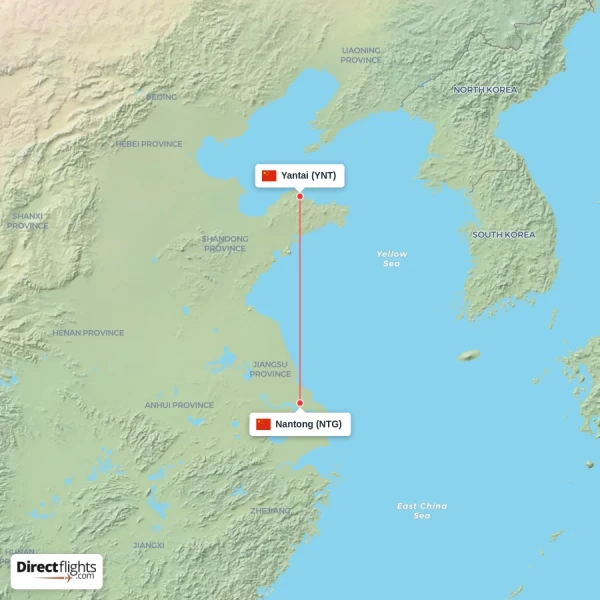 Nantong - Yantai direct flight map