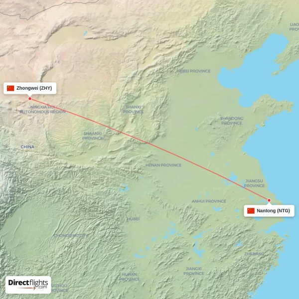 Nantong - Zhongwei direct flight map