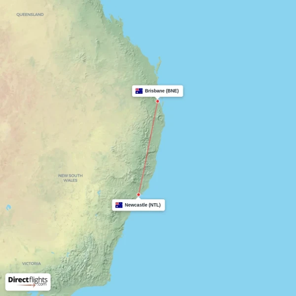 Newcastle - Brisbane direct flight map